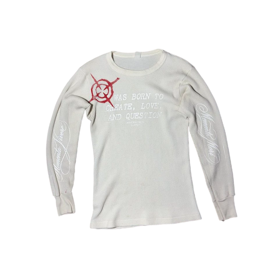 Waffle-knit thermal with crosshair target chest print and Memento Mori / Memento Vivere sleeve script