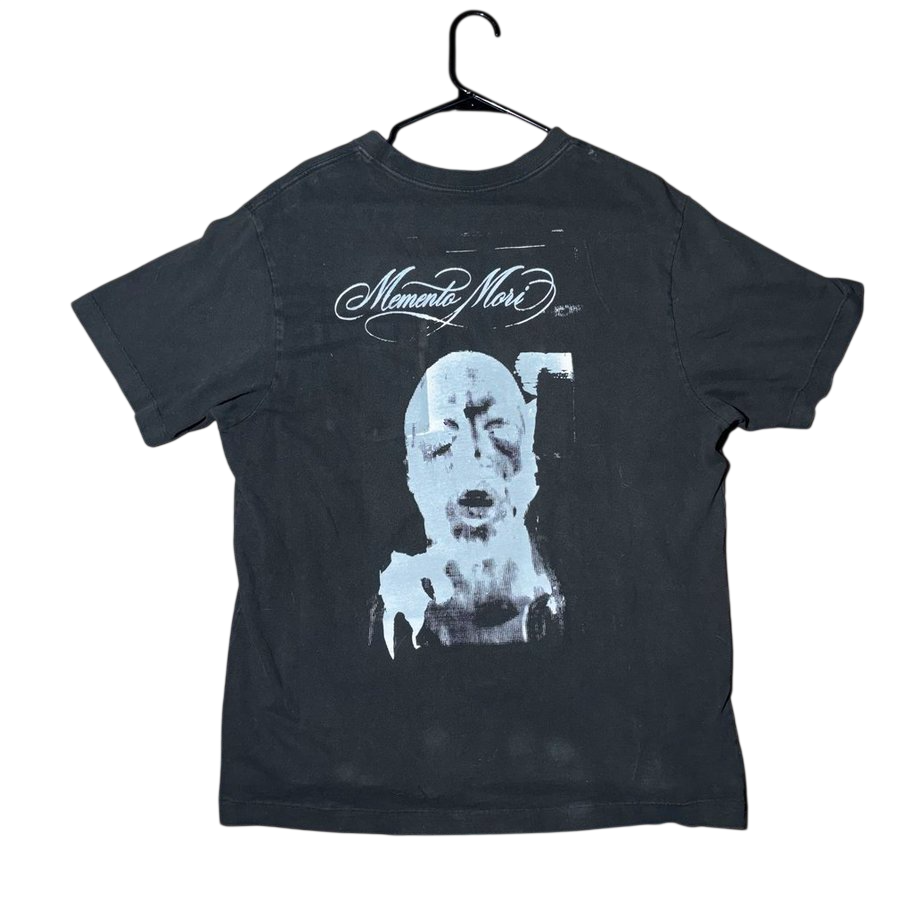 Black cotton tee with halftone portrait print and Memento Mori script on the back