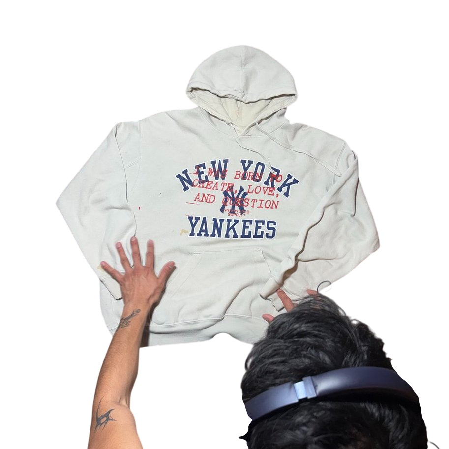 Reconstructed vintage New York Yankees hoodie with Born To Create screenprint worked into the graphic