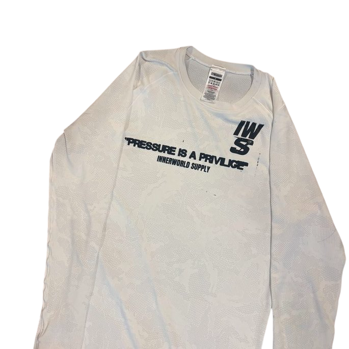 Performance athletic long-sleeve top with 'Pressure Is A Privilege' chest print and IWS stencil hit