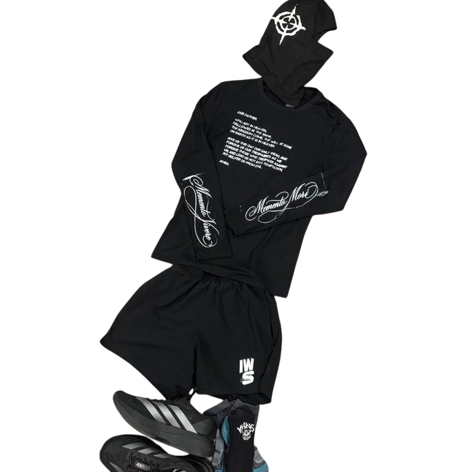 Full IWS marathon look: custom long-sleeve tee, ski mask, and shorts