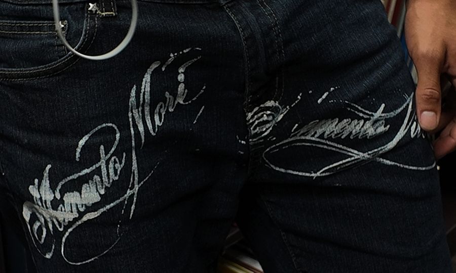 Memento Mori / Memento Vivere hand-pulled on dark denim