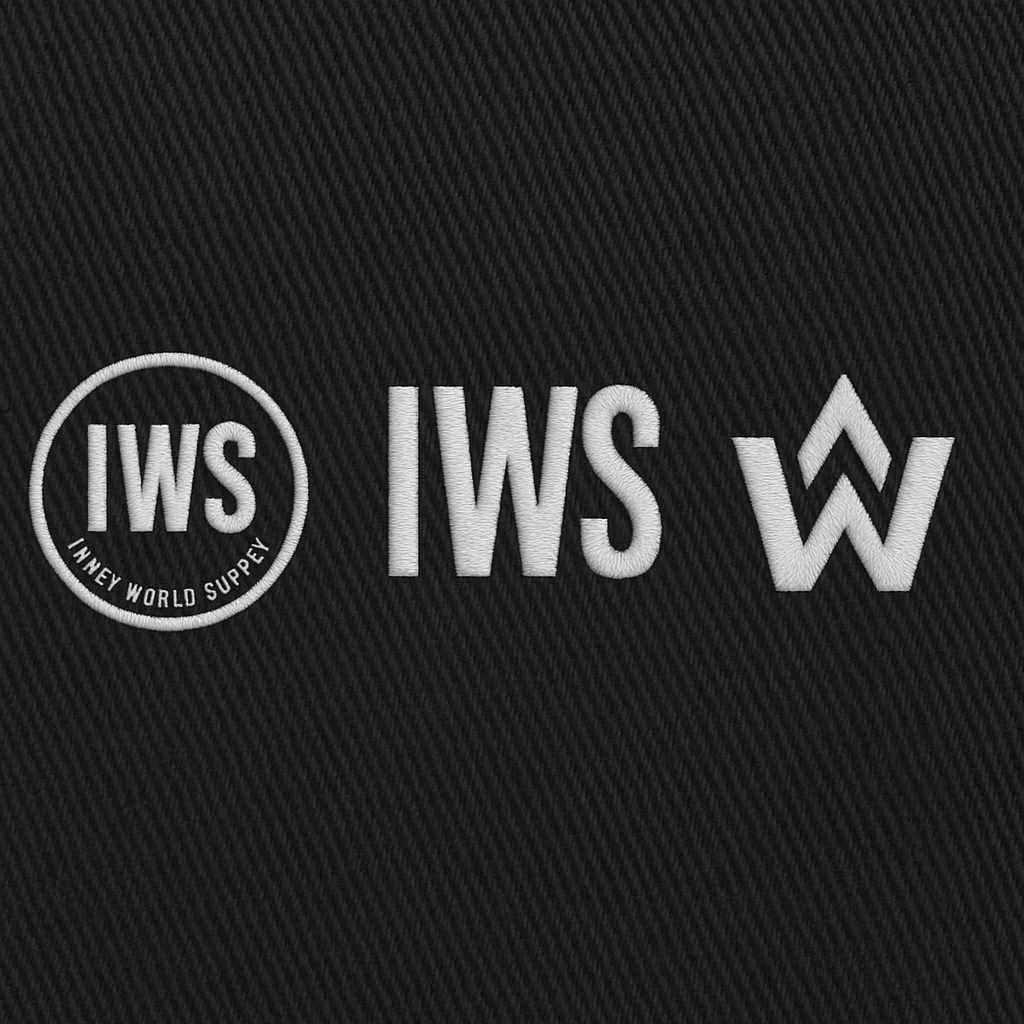 Early IWS logo studies: circular IWS badge, IWS wordmark, and a W monogram